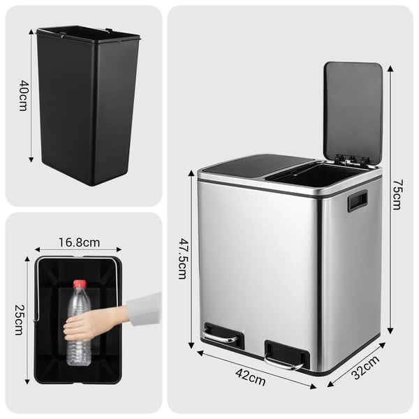 Affaldsbeholder, Blød Lukning Låg, Dobbelt Kompartmenter,30L