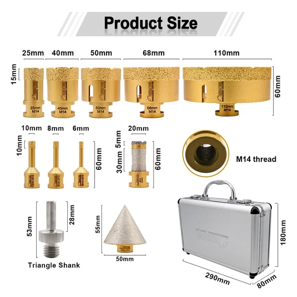 Diamantbor Kit, Flere Størrelser, Holdbar Konstruktion,11Pcs, M14 Tråd