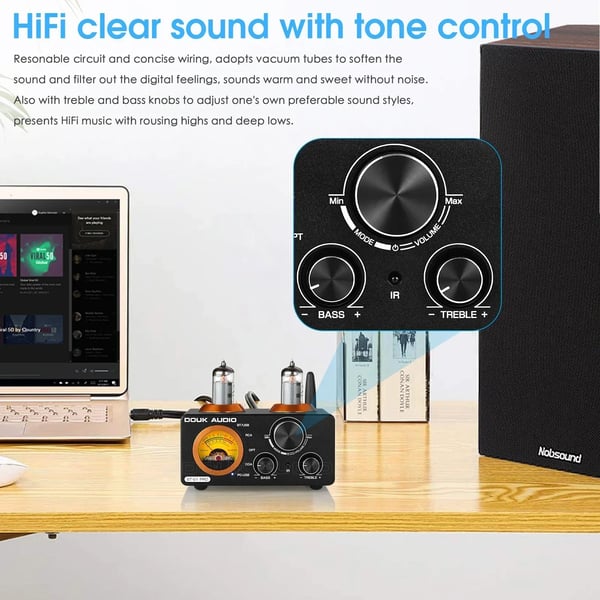 Nobsound HiFi Bluetooth-forstærker, 100W udgangseffekt, understøtter USB- og koaksialindgange, elegant design med VU-meter.
