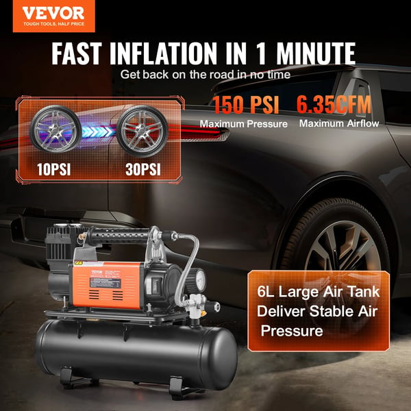 12V Heavy Duty Luftkompressor, 150 PSI Maksimalt Tryk,6L Tank