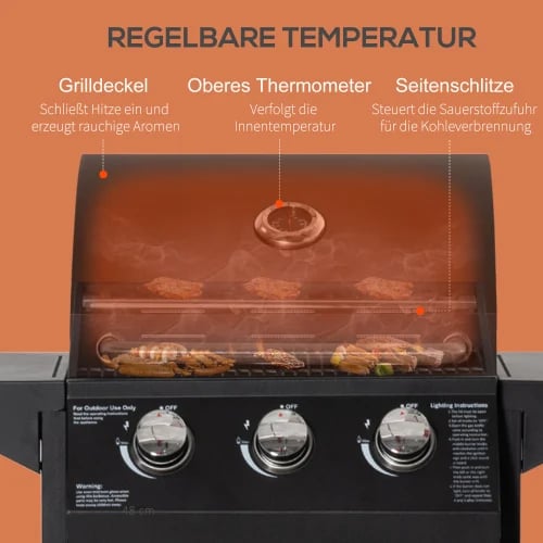 Gasolgrill, 3 brännare, 3 kW effekt, mått 121 x 55 x 109 cm, mobil design, lättläst termometer