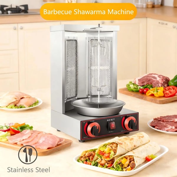 Gas Shawarma Maskine, 3000W Effekt, 220V Spænding, Temperaturinterval RT-300 °C, Dimensioner 29,5*30*48,5cm, Bakke Størrelse 29,5*13*2,3cm