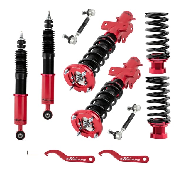 Coilover-jousitussarja, 24-suuntaisesti säädettävä iskunvaimennin, 8 kg/mm etujousen jäykkyys, 6 kg/mm takajousen jäykkyys, säädettävä korkeus 505-665 mm edessä, säädettävä korkeus 500-585 mm takana