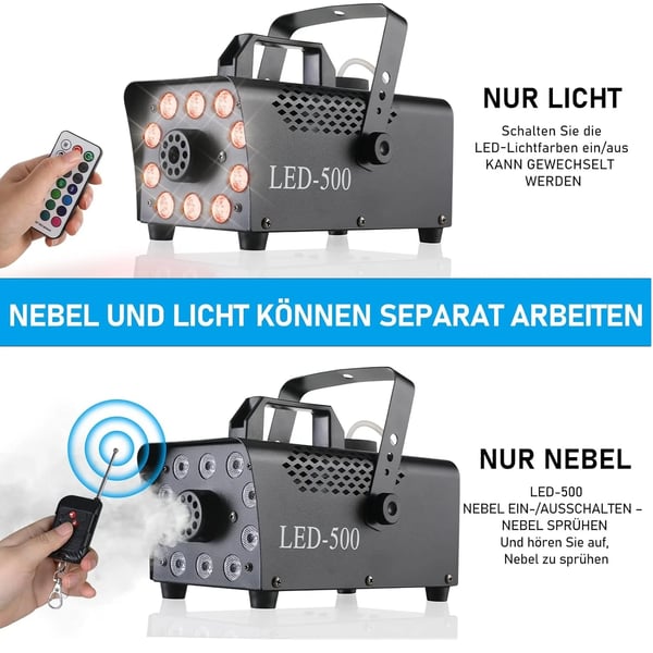 Tågemaskine, 500 Watt, 220 Volt, 5000-7000 kubikfod pr. minut, Fjernbetjeningsområde 12 meter, Egnet til 9-16 kvadratmeter
