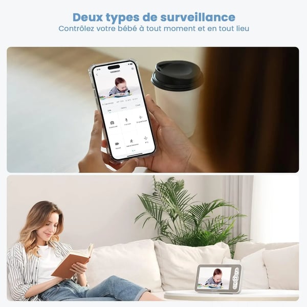 Babymonitor, 720p videoopløsning, 360° synsvinkel, 128GB lagerkapacitet, batteridrevet, tovejs lyd