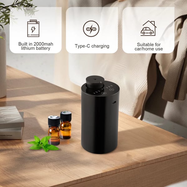 Æterisk olie diffuser, Højde 15 cm, Diameter 7,5 cm, Passer til op til 20 ml flasker, Batteridrevet, Tre tågeniveauer