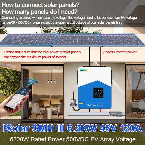 EASUN Hybrid Sol inverter, 6.2KW effekt, indbygget Wi-Fi,6.2KW-48V, 220-240V