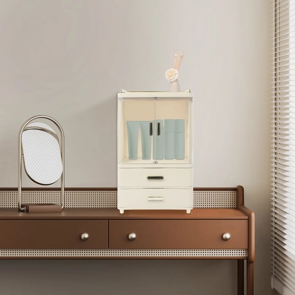 Makeup Organizer, 2 Skuffer, Klare Døre,Cremehvid