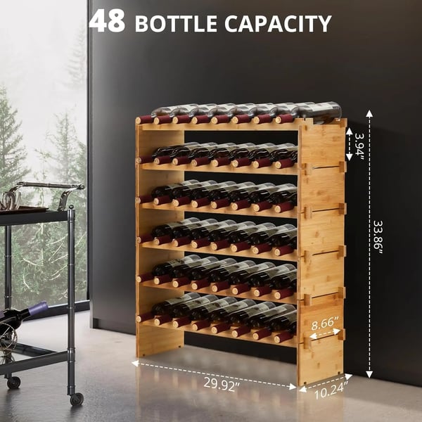 Vinkøler, 48 flaskers kapacitet, 6-lags design, bambusmateriale, fritstående, nem montering