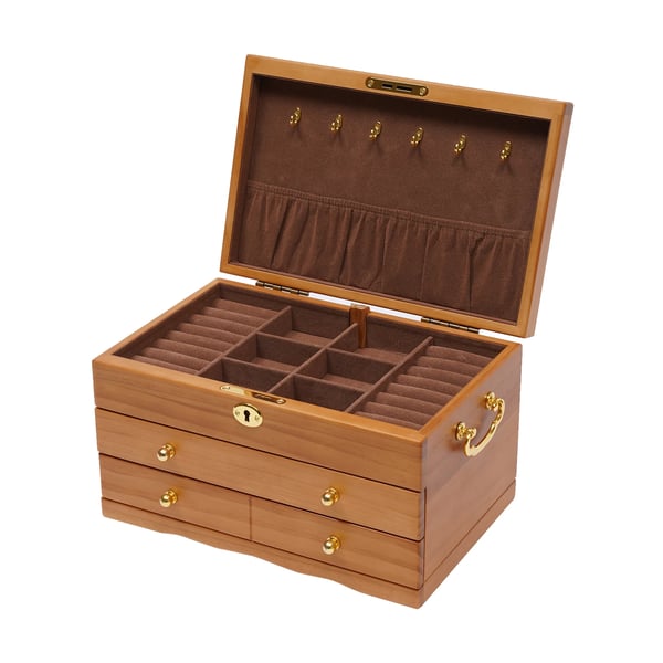 Smykkeskrin, Massivt Træ og MDF, 10,5 x 7,5 x 6 tommer, 3 Skuffer, Velourforet, Låsemekanisme