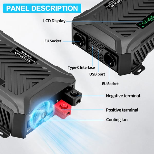 Inverter, 2000W belastningskraft, 4000W spidskraft, USB-opladning,E2000W-12V