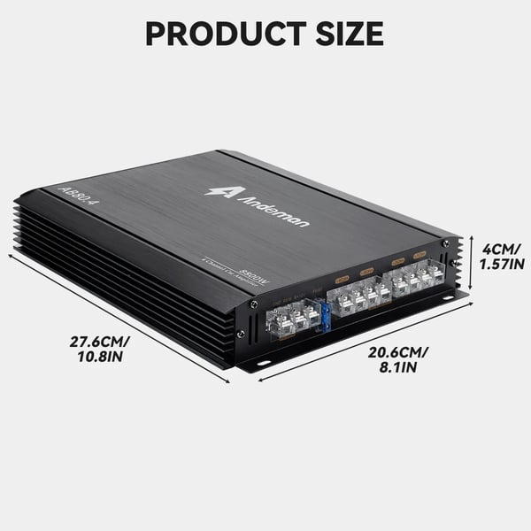 Bilforstærker, 8800W Maksimal Effekt, 12V-13.8V Spænding, Multikanal Lyd, 27.6x20.6x4 cm Dimensioner, Aluminium Chassis