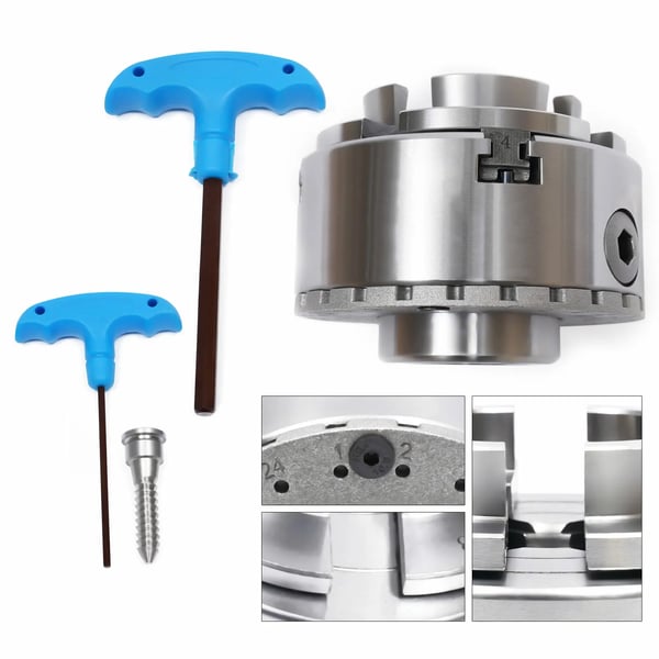 4-Kæbe Selvjusterende Gear Scroll Chuck, Højstyrke 40Cr Materiale, Dimensioner 71mm x 81mm, Vægt 2.4kg, Justerbar Klemrange, Egnet til Trædrejebænke