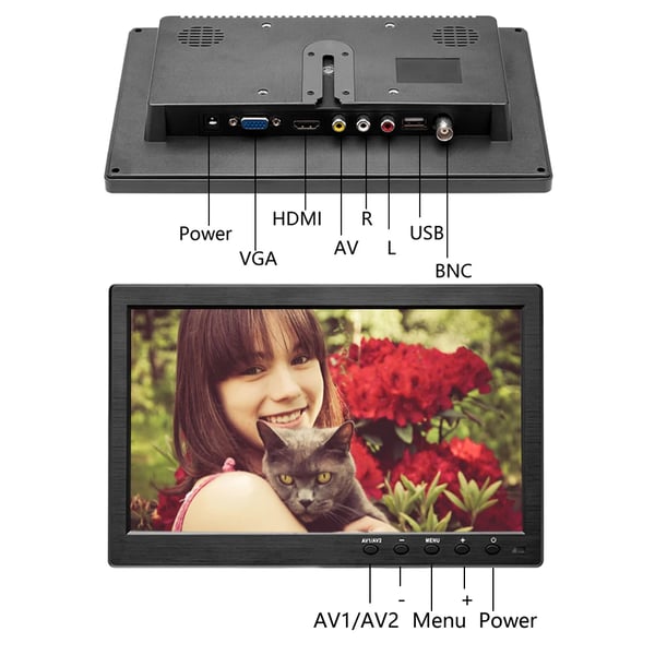 Bilmonitor, 10,1 tommer LCD, 1024 x 600 opløsning, 400 cd/m² lysstyrke, 500:1 kontrastforhold, HDMI og VGA kompatibel