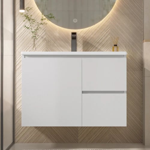 Badeværelsesskab, 76x46x50 cm, MDF-materiale, 2 skydelåger, intelligent induktionsbelysning, fugtbestandig overflade