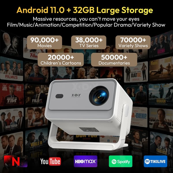 Bærbar projektor, ægte 1080P, 650 ANSI lumen, 10000:1 kontrastforhold, WiFi og Bluetooth-forbindelse, let design