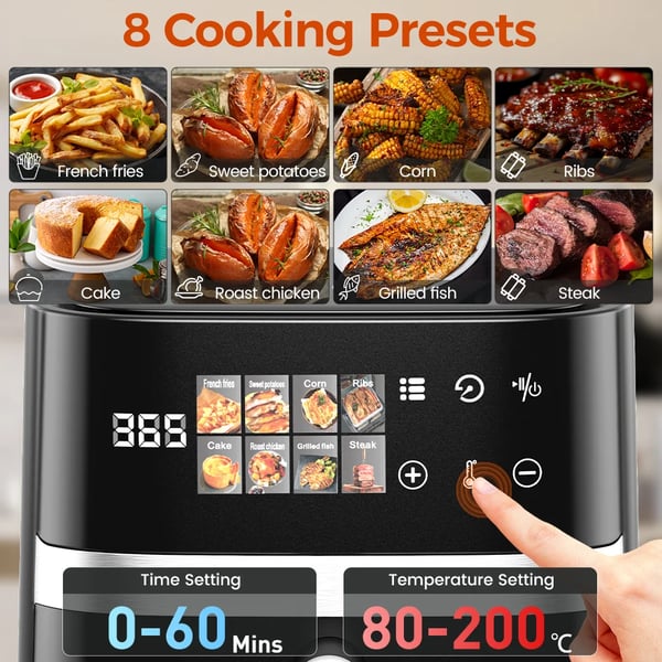 Air Fryer, 8-i-1 Madlavningsindstillinger, Digital LED Skærm,EU, Sort