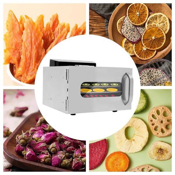 Maddehydrator, 400W, 6 bakker, temperaturinterval 30-90℃, timerindstilling 30 min-24 timer, rustfrit stål