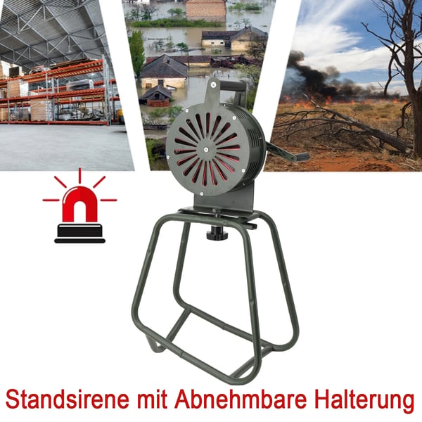 Alarm Sirene, Aluminiumlegering Materiale, 230 mm Diameter, 75,5 cm Højde, 125 dB Lydtryk, Manuel Krank Drift