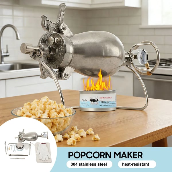 Popcornmaskine, Rustfrit Stål, 720 ml Kapacitet, Ovnkrop Tykkelse 5-6 mm, Produktvægt 4,2 kg, Manuel Betjening
