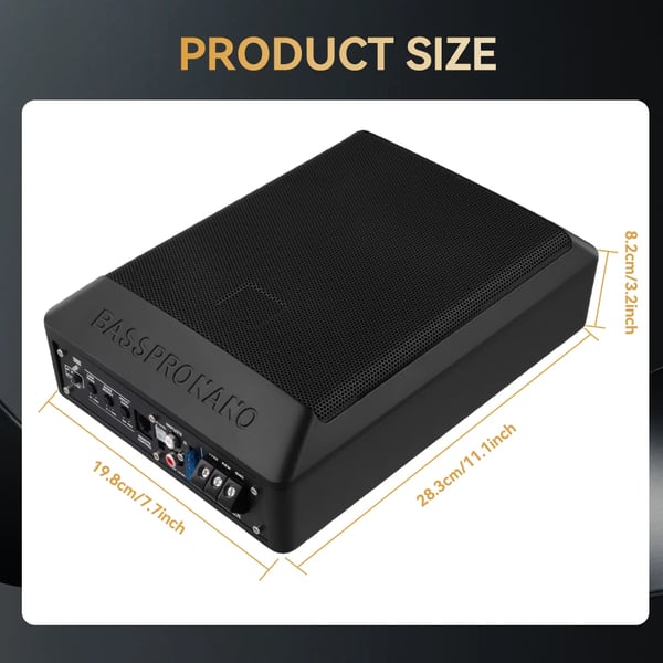 Under-sæde Subwoofer, Nominel Effekt 600W, Maksimal Effekt 1200W, Spænding 12V, Impedans 4 Ohm, Dimensioner 28 cm x 20 cm x 7,5 cm