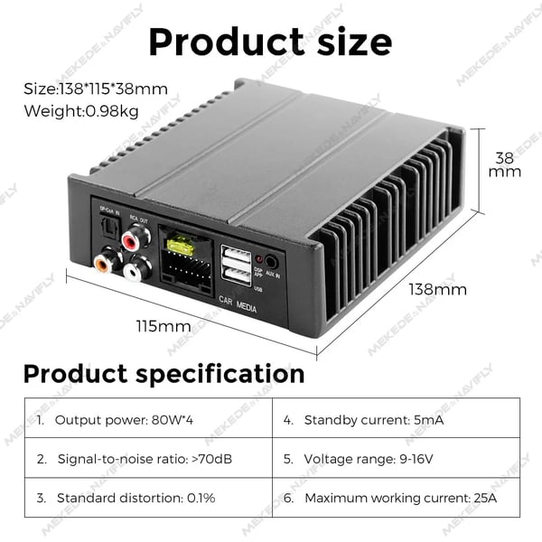 Bilens effektförstärkare, 4 x 80W utgång, kompatibel med Android-system, 16-stifts plug and play, kompakt design, CE-certifierad