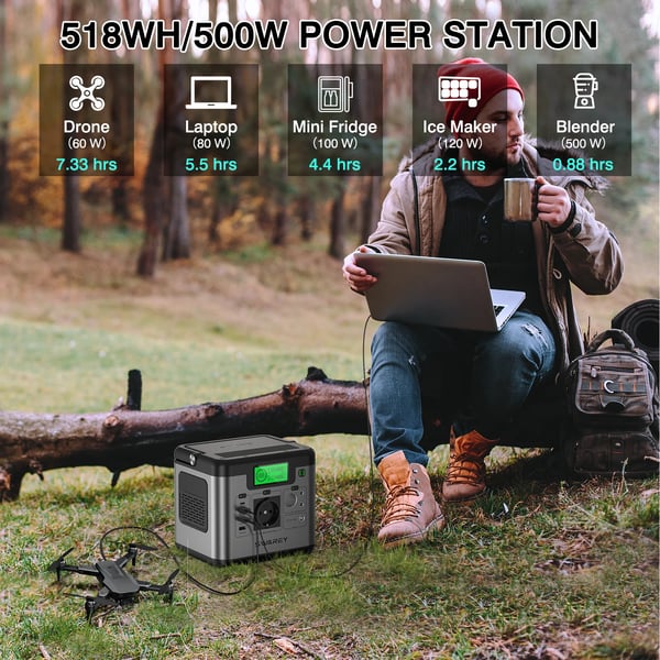 Strømafbryder, 500W Nominel Effekt, 1000W Overspændingsbeskyttelse, 518Wh Kapacitet, Oplader 9 Enheder, CE Certificeret