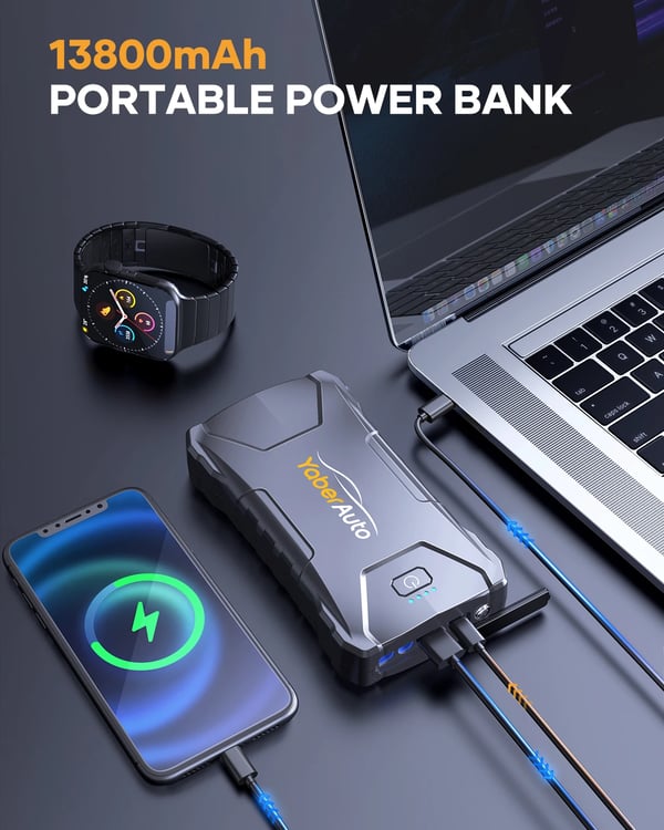 Jump Starter, 13800mAh Power Bank, Nødlys,2000A