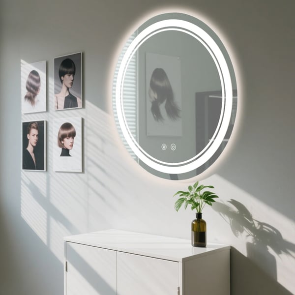 LED Badeværelsesspejl, 50 cm Diameter, 25 mm Tykkelse, Ledningsbaseret Elektrisk Strøm, Uendeligt Justerbar Lysstyrke, Vandtæt IPX4