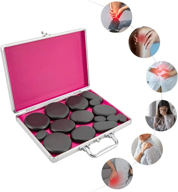 Hot Stone Massage Sæt, 18 Vulkaniske Sten, Opvarmningsboks Inkluderet,sort