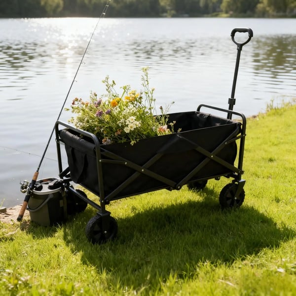 Nyttevogn, Materiale: Stålrør, Rammedimensioner: 67*46*36cm, Foldet størrelse: 51*13*68cm, Belastningskapacitet: 80kg, Hjuldiameter: 12.7cm