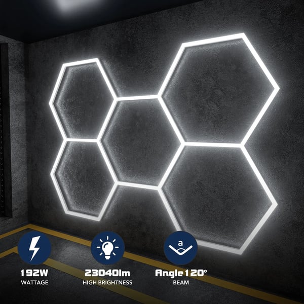Hexagon LED Loftlampe, 6500K Farvetemperatur, IPX54 Vandtæt,Kold Hvid, 192W