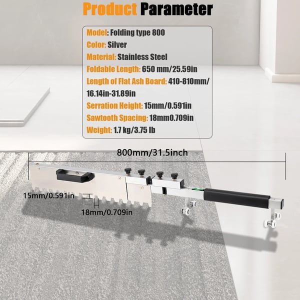 Flad Sandværktøj, Rustfrit Stål Materiale, Foldbar Længde 650 mm, Flad Askebræts Længde 410-810 mm, Tandsnitshøjde 15 mm, Vægt 1,7 kg