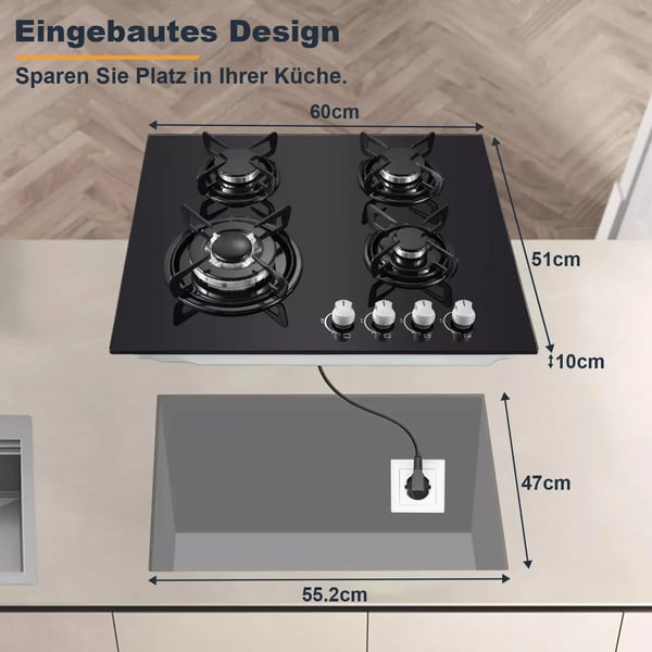 Indbygget gaskogeplade, fire brænderdesign, glat keramisk glas, dual brændstofkapacitet.