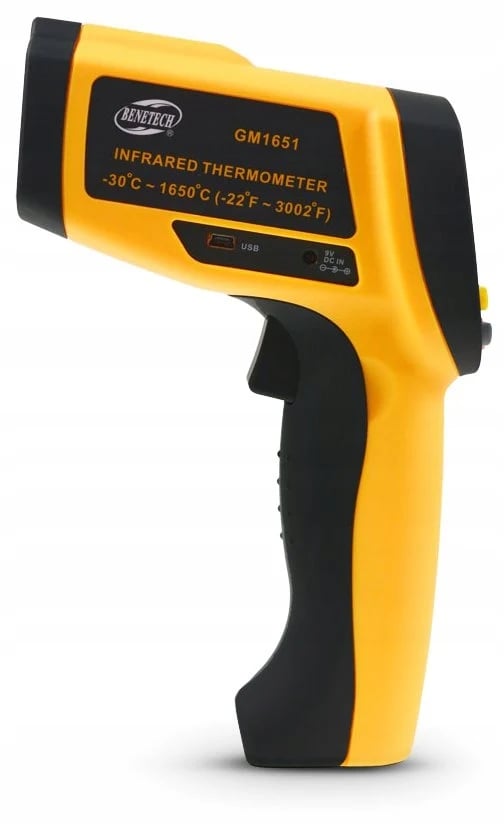 Kontaktløs Termometer, Temperaturområde -30 til +1650 °C, Justerbar Emissivitet, Ergonomisk Design, Baggrundsbelyst LCD Skærm, USB Interface