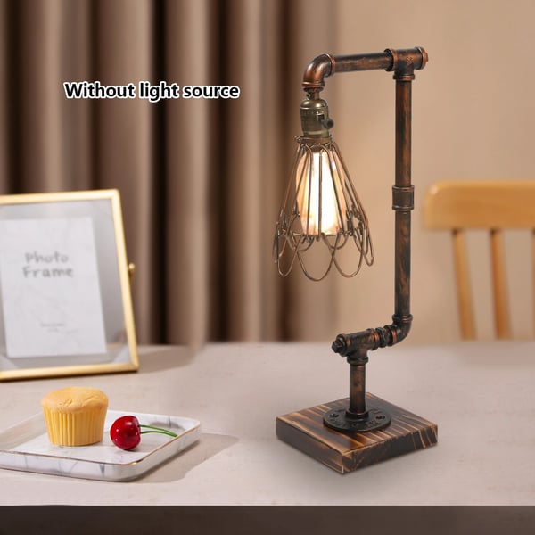 Retro industriel bordlampe, E27 pærekompatibilitet, håndlavet træ- og jerndesign,Varm Hvid, Rust