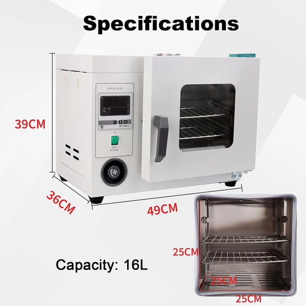 Tørringsskab, 16L kapacitet, digital temperaturkontrol, 50–300°C rækkevidde, 500W effekt, ideel til laboratoriebrug