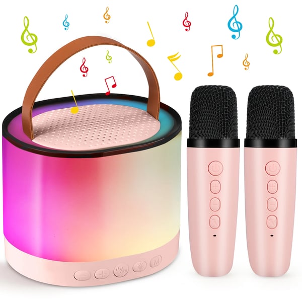 Karaoke Maskine, Bluetooth 5.3, Kompatibel med smartphones og tablets, Op til 8 timers batterilevetid, 2 Trådløse Mikrofoner, 5 Lyd Effekter