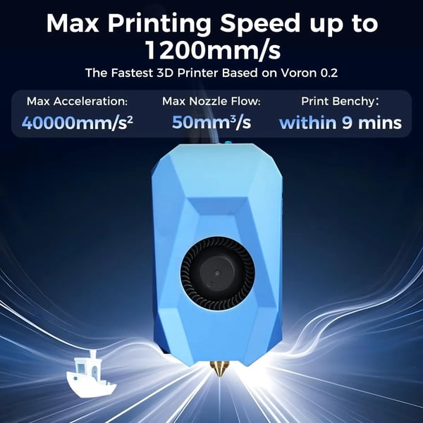 3D-printer, maksimal udskrivningshastighed 1200 mm/s, maksimal udskrivningsstørrelse 152,4 x 152,4 x 152,4 mm, automatisk nivellering