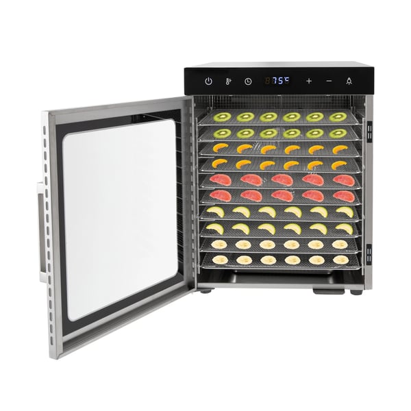 Maddehydrator, 10-bakke kapacitet, 800W effekt, digital termostat, 36L volumen, borddesign