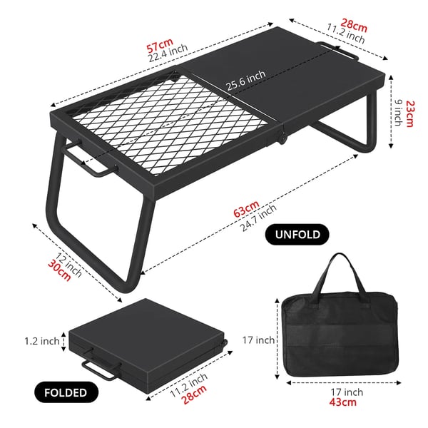 Lejrgrill, Kraftigt stål, 24 x 16 tommer, Varmebestandig op til 500°F, Sammenklappeligt design, Kompatibel med bålpladser