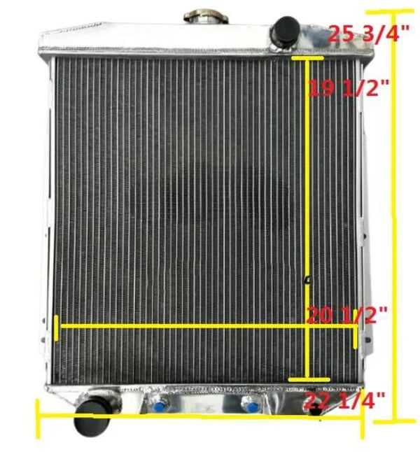 Aluminiumkøler til Ford-modeller, kerne størrelse 18 1/2" x 18 3/4" x 2 1/4", dimensioner 25 1/8" høj x 22 5/8" bred, indløbsslange 1 1/2"
