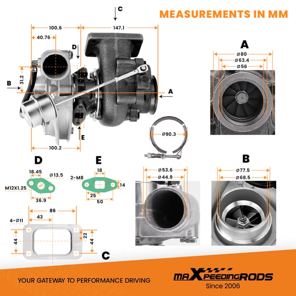 Turbine Turbocharger, Længde 30 CM, Bredde 28 CM, Højde 24 CM, Vægt 10 KG, Kompatibel med 1.5L til 2.5L Motorer