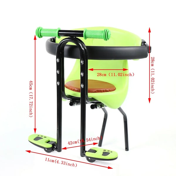 Frontmonteret børnesæde til cykel, stål og PP-konstruktion, 42 x 30 x 45 cm, understøtter op til 20 kg, vejer 2,8 kg