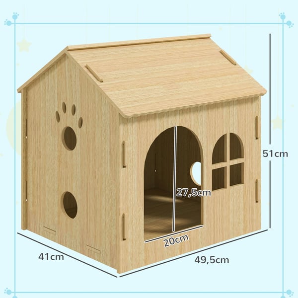 Hundehus, 49,5 x 41 x 51 cm, Eg MDF, Vindue 12 x 15 cm, Frontindgang 20 x 27,5 cm, Intern 45 x 39 x 48/40 cm