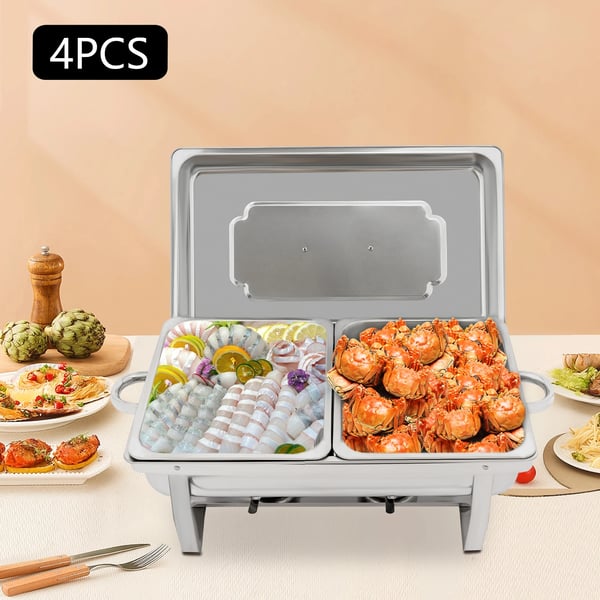 Chafing Dish Buffet Sæt, 4PCS, Rustfrit Stål, Alkohol Opvarmning,Sølv