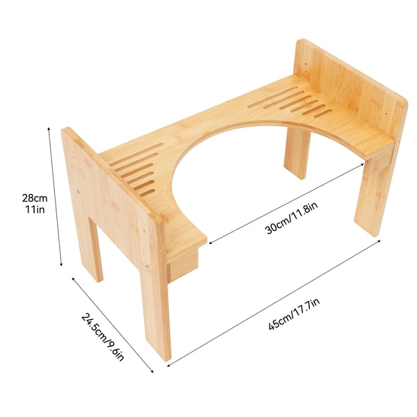 Toiletstol, Bambusmateriale, Justerbar højde 6 cm, Maksimal kapacitet 80 kg, Dimensioner 45 x 24,5 x 28 cm, Vægt 1,7 kg