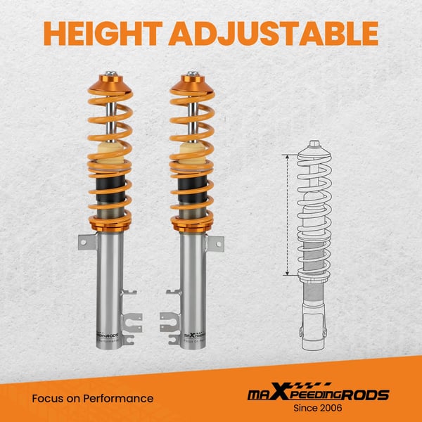 Coilovers, Justerbar Højde 30-65mm, Fjedersats Foran 7kg/mm, Fjedersats Bag 2.5kg/mm, Samlet Længde Foran 360-530mm, Samlet Længde Bag 265-365mm