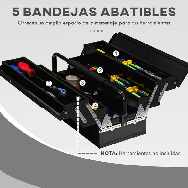 Værktøjskasse, Foldbar Stål Konstruktion, Dimensioner 45 x 22 x 20 cm, 5 Aftagelige Bakker, Bærbart Design, Holdbar Byg