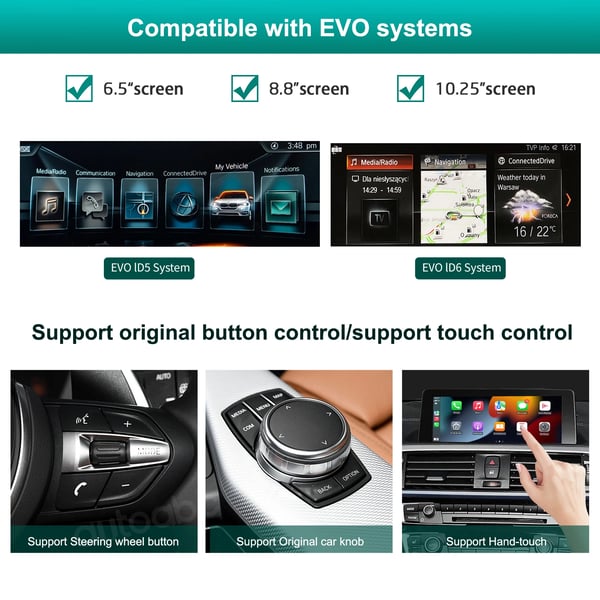 Trådløs CarPlay, Kompatibilitet med luksusbiler, Understøtter Android Mirror Link,EVO System